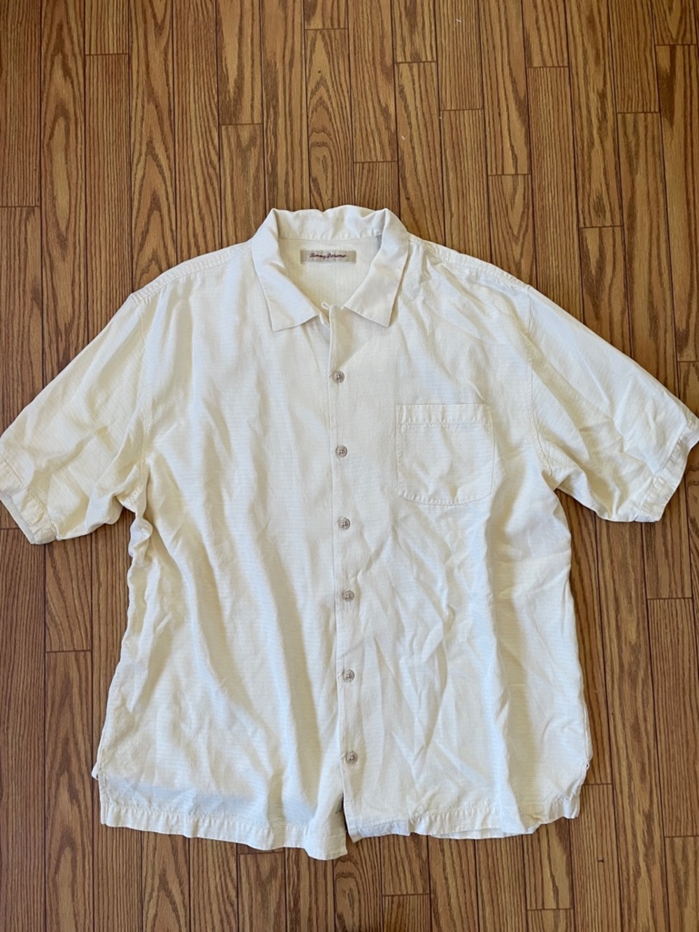 Tommy Bahama butter yellow loop collar silk button up beachy tee size XL